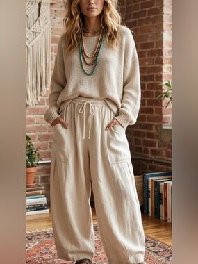 Free People Linen Blend Off White Bohemian Pull On Ultra Wide Leg Cargo Pants XS